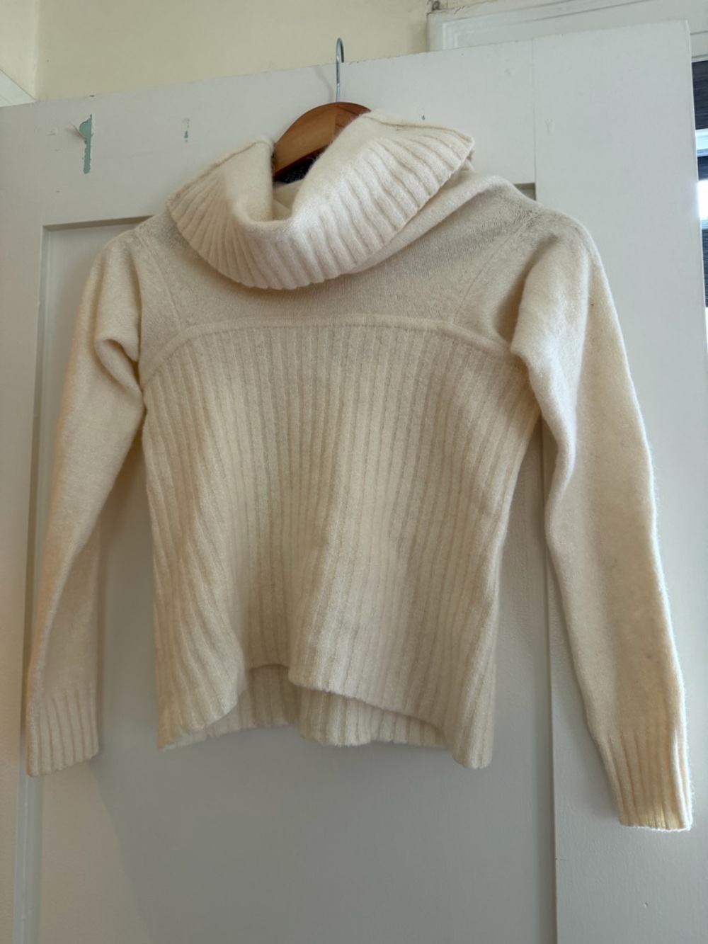 bebe Cream Ribbed Cowl Neck Sweater